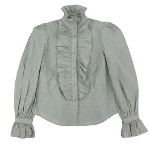 PHILIPPA 1970 Green Striped 100% Cotton Blouse Romantic Feminine Ruffled Collar